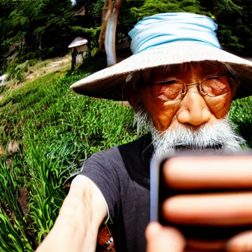 Image similar to Fisheye selfie of an old japanese man with long beard and asian rice hat, closeup