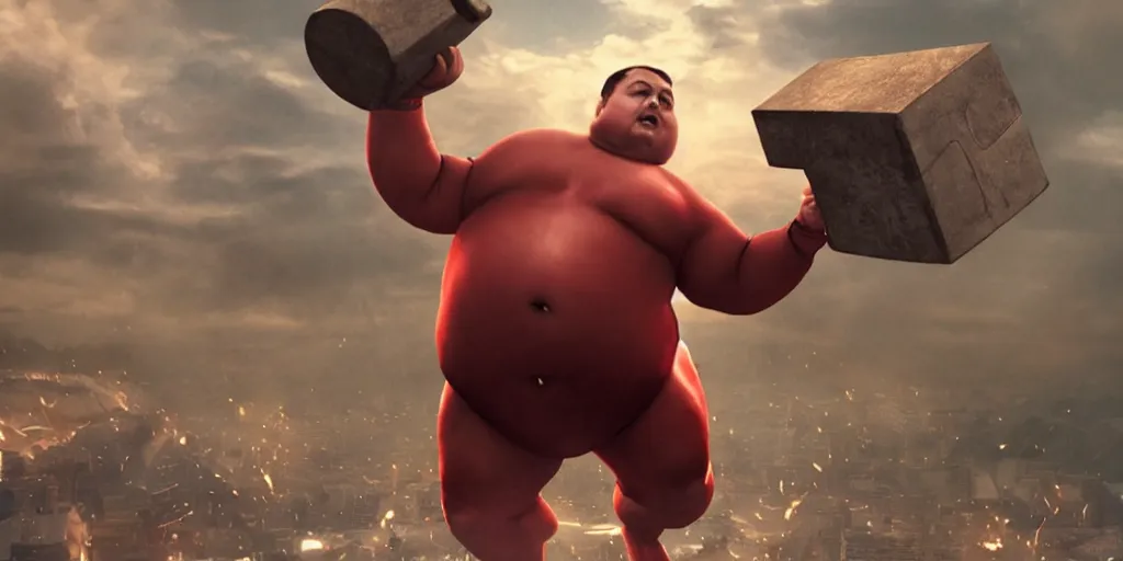 Image similar to obese rotund ironman lifting mjolnir high up, cinematic shot