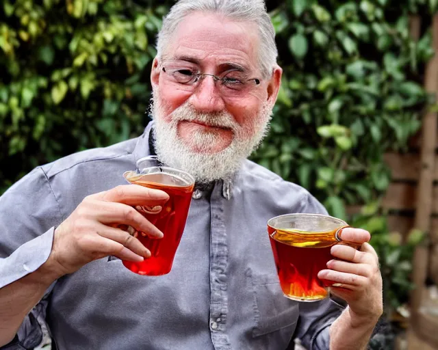 Image similar to mr robert is drinking fresh tea in a garden from spiral mug, detailed face, wearing choker, grey beard, golden hour, red elegant shirt