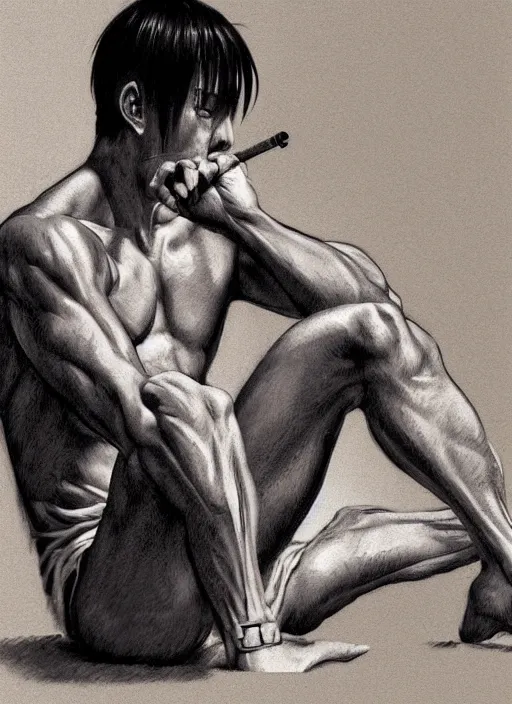 Prompt: Portrait of Onizuka from GTO wearing jeans and no tshirt, masculine and muscular, smoking a cigarette, intricate body, whole body highly detailed, digital painting, artstation, concept art, smooth, sharp focus, illustration, art by Hajime Sorayama