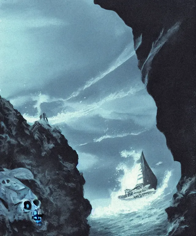Image similar to photorealistic blue - toned photo of a 1 9 2 5 seiner sailing near a tropical skull - shaped cliff with the mouth of a sea cave at the waterline, dark, brooding, atmospheric, lovecraft, horror, smooth, epic, highly detailed, cinematic, by clyde caldwell