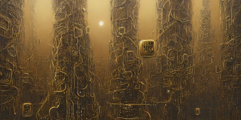 Prompt: A beautiful hyper realistic detailed painting of 2 gigantic tall quantum computers in the middle, gold and silver and brass , by Beksinski, beeple, unreal engine, electronic art featured on artstation