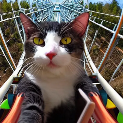 Image similar to selfie of an excited cat riding a roller - coaster, highly - detailed award - winning