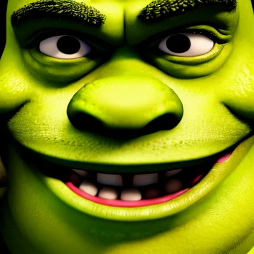 Image similar to a HORRIFYING portrait of shrek. (unsettling and terrifying). bokeh, ultra hd, highly detailed.