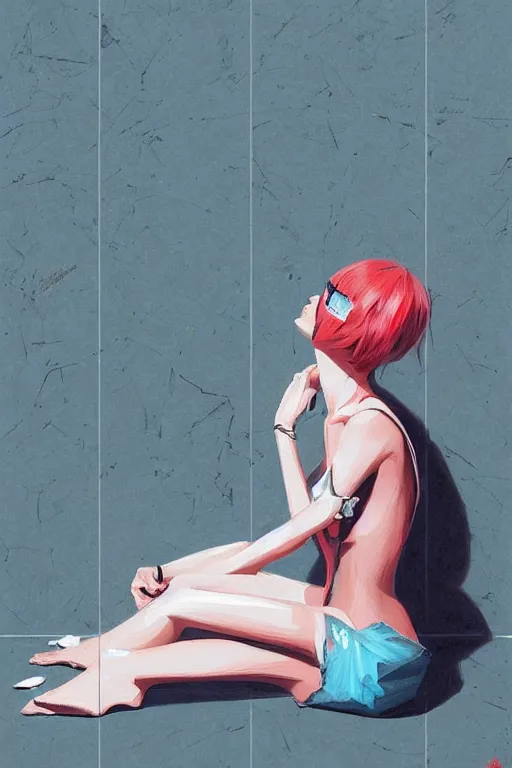 Image similar to a ultradetailed beautiful painting of a stylish woman sitting on the floor of a tiled room, by greg rutkowski, conrad roset, and ilya kuvshinov trending on artstation