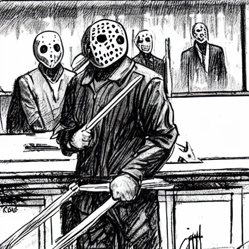 Prompt: Jason Voorhees testifying in court because he is on trial for murder