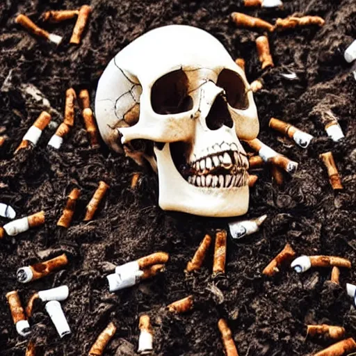 Prompt: human skull laying on its back with mouth open filled with cigarette butts