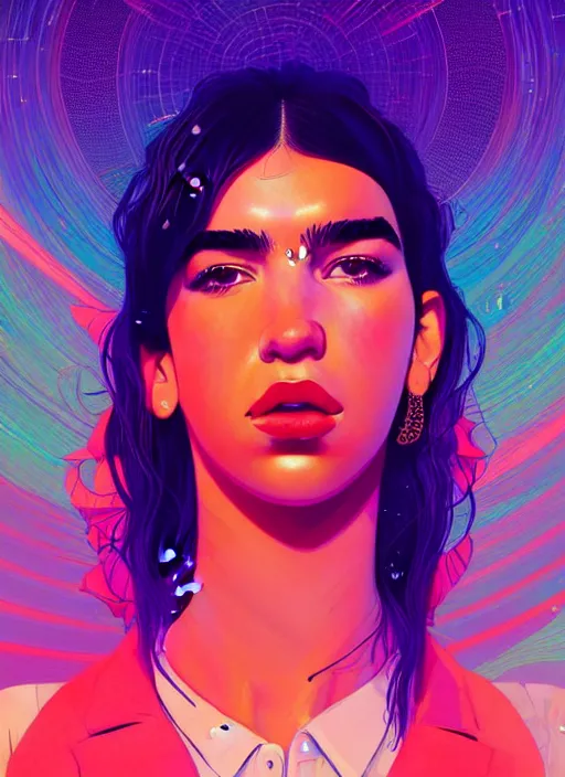 Prompt: portrait of dua lipa, epic, anime, artstation winner by victo ngai, kilian eng and by jake parker, by conrad roset, swirly vibrant color lines, winning award masterpiece, fantastically gaudy, aesthetic octane render, 8 k hd resolution