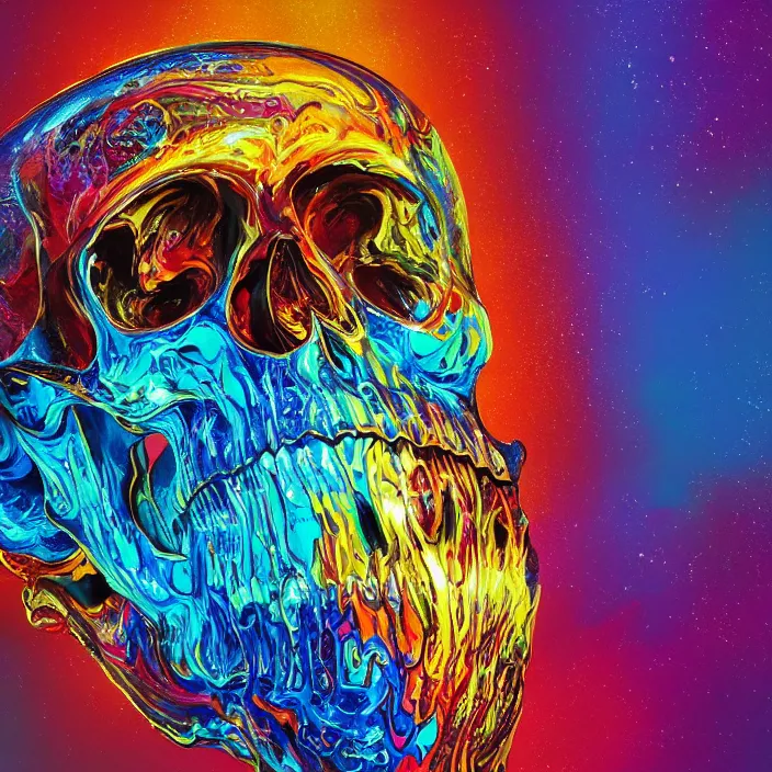 Prompt: illustration of a colorful melting human skull. flowers and blossoms, ferrofluids, burning water distortions. intricate abstract. intricate artwork. by Tooth Wu, wlop, beeple, dan mumford. octane render, trending on artstation, greg rutkowski very coherent symmetrical artwork. cinematic, hyper realism, high detail, octane render, 8k, depth of field, bokeh. iridescent accents
