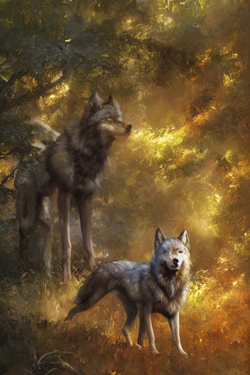 Prompt: spiritual twin flame wolf art, forest hue, highly detailed, oil painting, by craig mullins