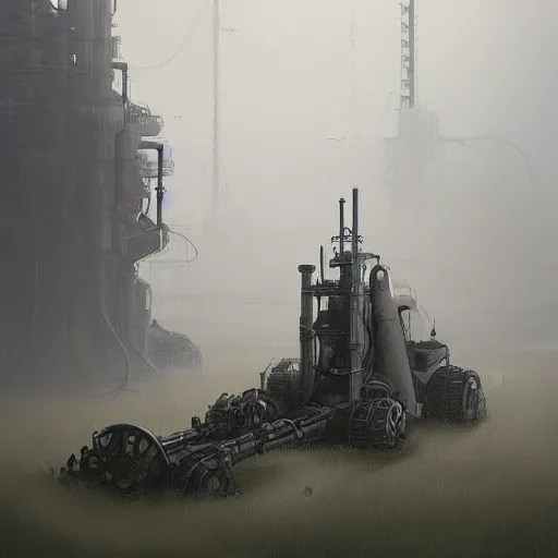 Prompt: gigantic industrial farmer mecha, dense fog, steampunk, jakub rozalski