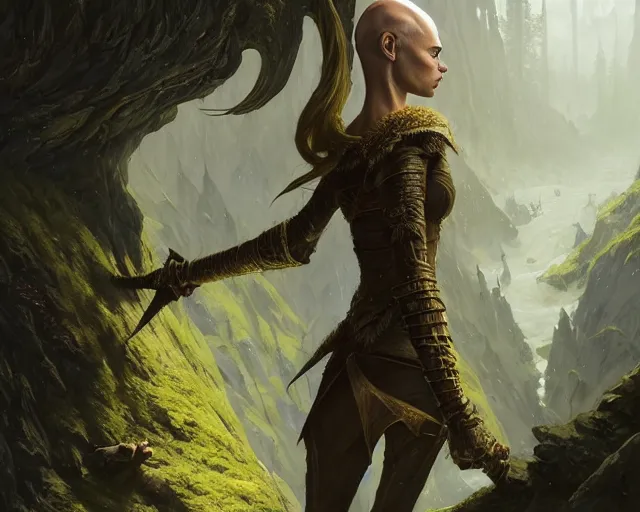 Image similar to highly detailed portrait of cara delevingne as a bald elf, in skyrim, stephen bliss, unreal engine, fantasy art by greg rutkowski, loish, rhads, ferdinand knab, makoto shinkai and lois van baarle, ilya kuvshinov, rossdraws, tom bagshaw, global illumination, radiant light, detailed and intricate environment