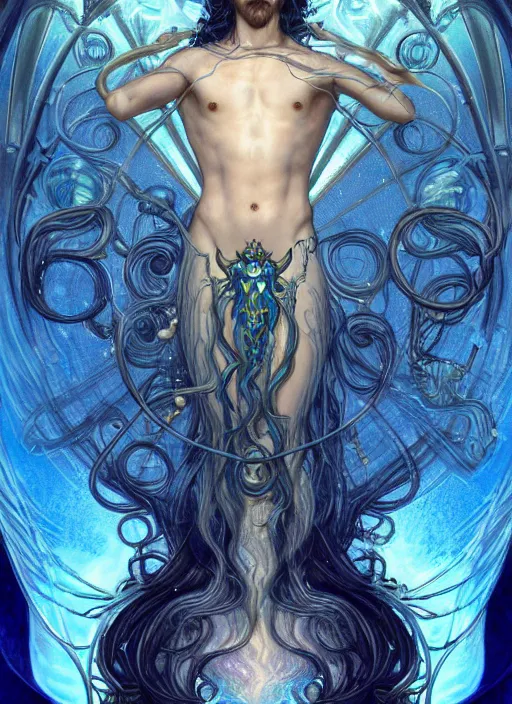 Image similar to the god poseidon, water hair, glowing eyes, volumetric lights, blue and cyan scheme, art nouveau botanicals, gothic, intricate, highly detailed, digital painting, artstation, concept art, smooth, sharp focus, symmetric face, illustration, steampunk, art by artgerm and greg rutkowski and alphonse mucha