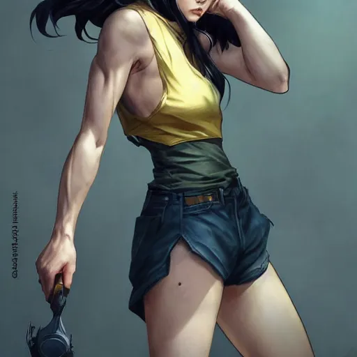 Prompt: cassandra cain in a tank top and shorts, beautiful face!!!!, 2 5 years old, cg animation, riot entertainment, arcane, realistic, character select portrait, by artgerm, greg rutkowski, alphonse mucha, 3 d