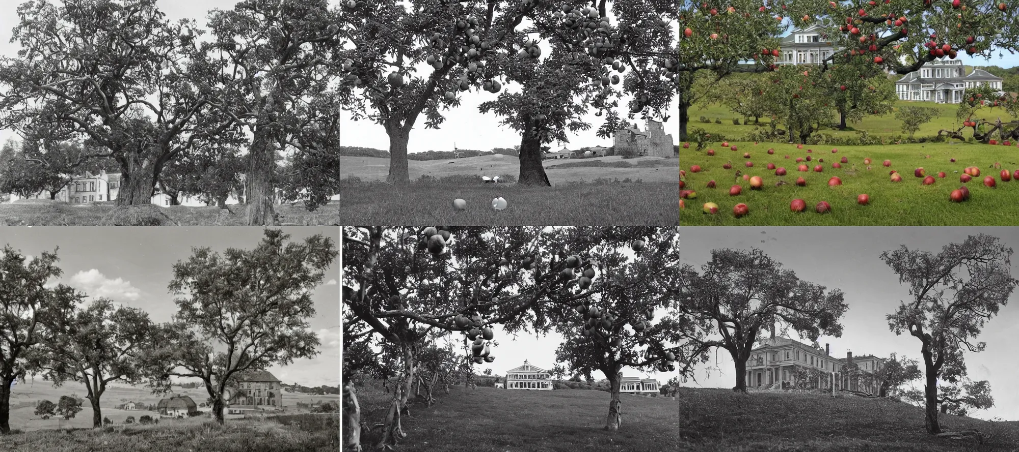 Prompt: apples on trees on top of hill with Native Americans in foreground and big colonial house in background