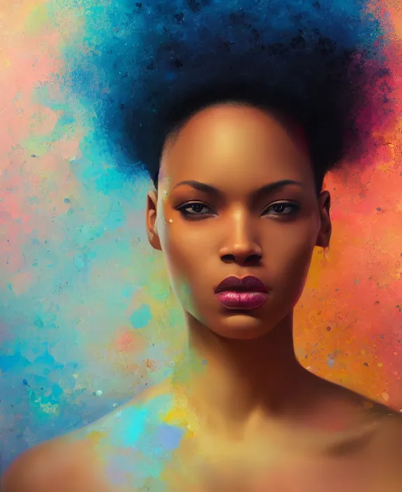 Prompt: fantastic extraordinary beautiful afro - american women with bald head into fluid infinity variations of colours mass, close - up, piotr jablonski, jeff dekal, jeff simpson, intricate details, hyperrealistic oil painting on canvas, deep depth field, hd, hdr, 4 k, 8 k