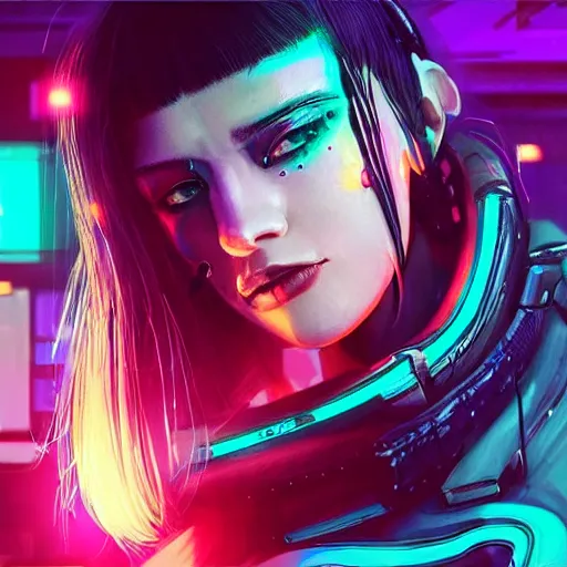 Image similar to “high detail picture of a Cyberpunk girl, digital art, concept art, neon colors, high contrast, sharp focus, hiperrealist, photorealist, Artstation HQ, DeviantArt, cybernetics, techwear, urban samurai, netrunner, Shadowrun, Cyberpunk 2077, Deus Ex, 4k UHD, Unreal Engine 5”