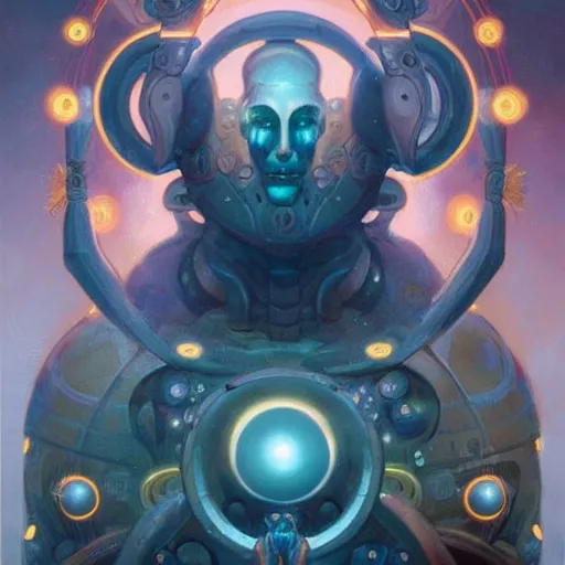 Prompt: a stylistic portrait of a robot god surrounded by small glowing orbs, D&D, fantasy, intricate, smooth, golden hour, artwork by Peter mohrbacher and Wayne barlowe