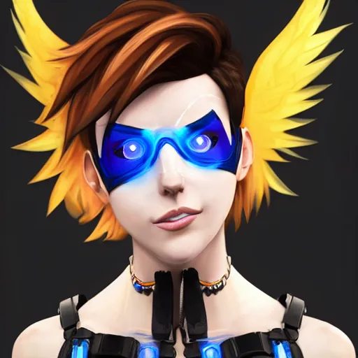 Prompt: portrait bust digital artwork of tracer overwatch, wearing black iridescent rainbow latex tank top, 4 k, expressive happy smug expression, makeup, in style of mark arian, angel wings, wearing detailed black leather collar, chains, black leather harness, detailed face and eyes,
