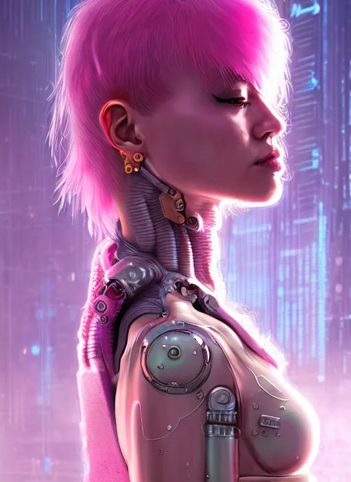 Image similar to soft lustrous full body ivory pink biotech raver gutter punk cyberpunk cyborg bioweapon, golden ratio, details, scifi, fantasy, cyberpunk, intricate, decadent, highly detailed, digital painting, octane render, artstation, concept art, smooth, sharp focus, illustration, art by artgerm, loish, wlop