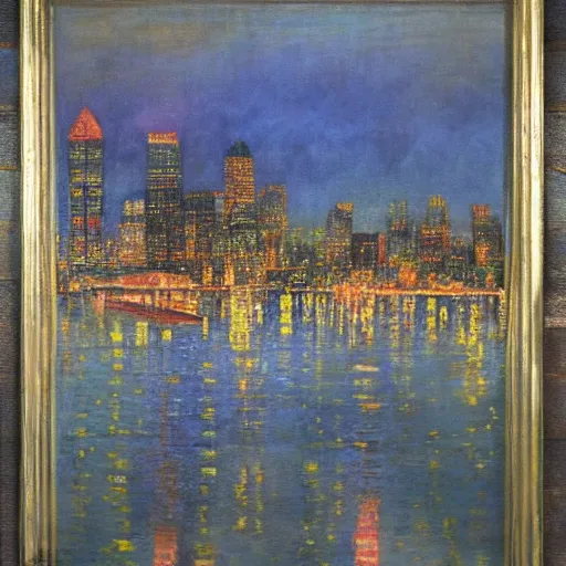 Prompt: impressionistic full - color painting of a distorted mirror reflecting a nightmarish aerial view of boston downtown skyline in 1 9 2 5 at night with a horrifying sky, aerial view, dark, brooding, night, atmospheric, horror, cosmic, ultra - realistic, smooth, highly detailed by dave dorman