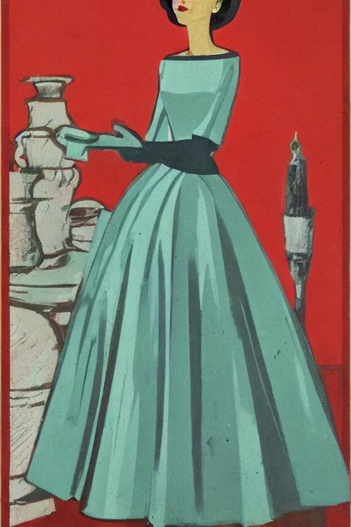 Image similar to beautiful slim and shapely young woman, elegant look, peasant dress, 1960\'s soviet propaganda art