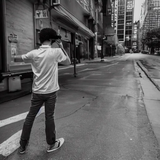 Image similar to young male taking photographs in pittsburgh real life, black and white, 1 9 7 0 s, 8 k, 4 k uhd, realistic, hyper realistic, super detailed, very detailed, detailed