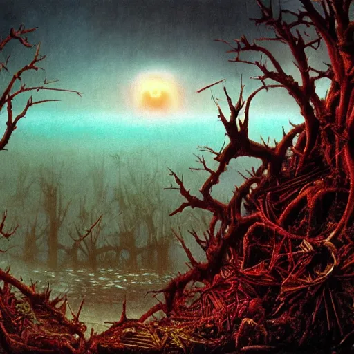 Prompt: an incredibly beautiful but ominous matte painting depicting horrifying huge burning eyes and jagged bloody teeth and thorns, overgrowing a desolate ruins submerged in fog beneath the setting sun by lisa frank and beksinski and wayne barlowe, exquisite detail, post processing, masterpiece, cinematic, sharp focus, deep colors