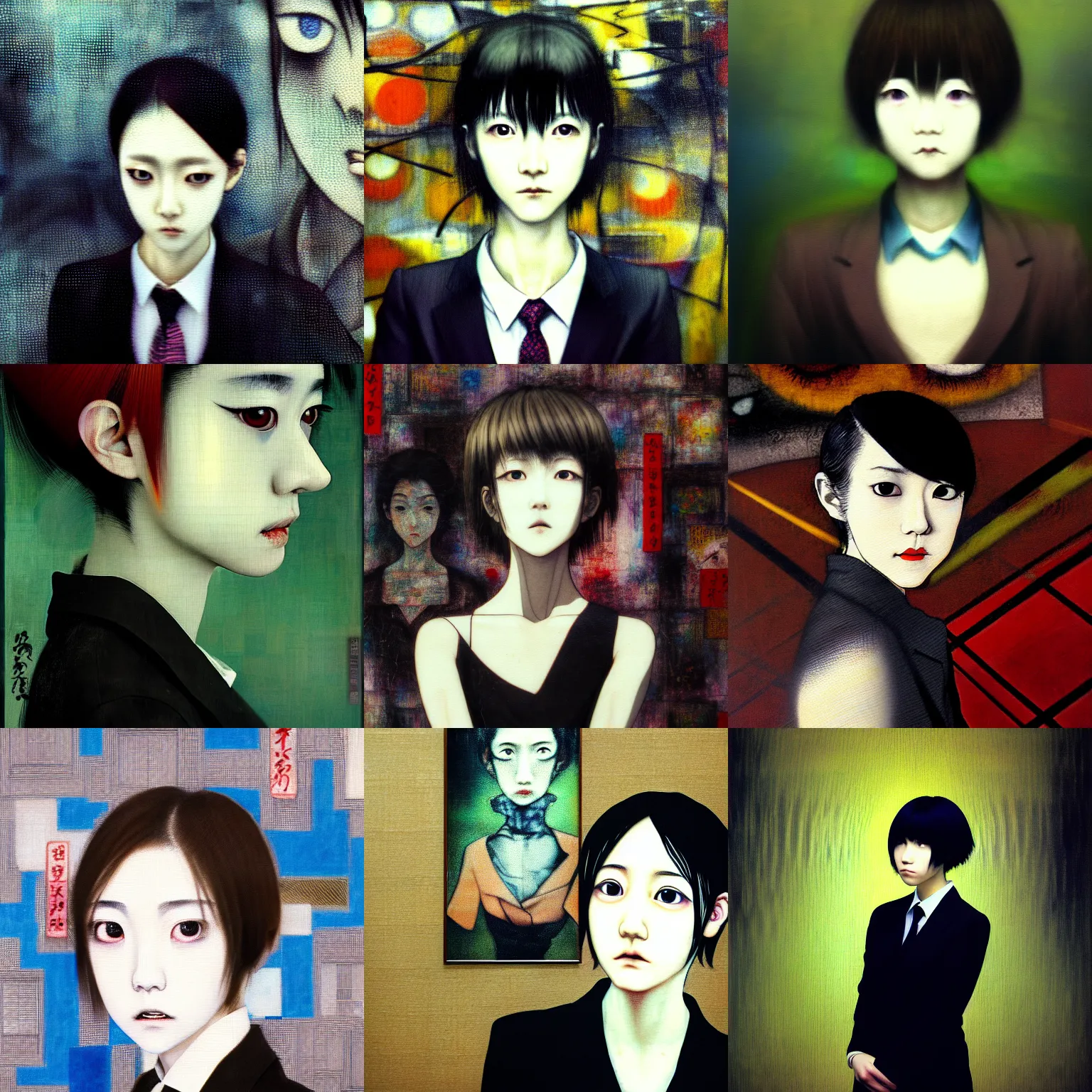 Image similar to yoshitaka amano blurred and dreamy realistic three quarter angle portrait of a young woman with short hair and black eyes wearing office suit with tie, junji ito abstract patterns in the background, satoshi kon anime, noisy film grain effect, highly detailed, renaissance oil painting, weird portrait angle, blurred lost edges