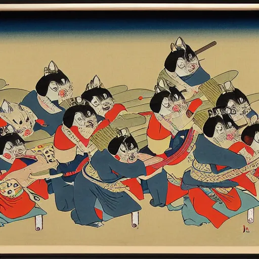 Image similar to masterpiece ukiyo-e painting of a cat parade at night