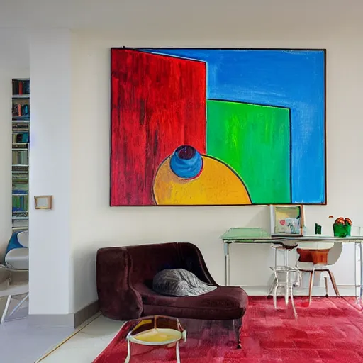 Prompt: colorful painting, classic tel aviv 3 - story apartment, bauhaus architecture, portrait
