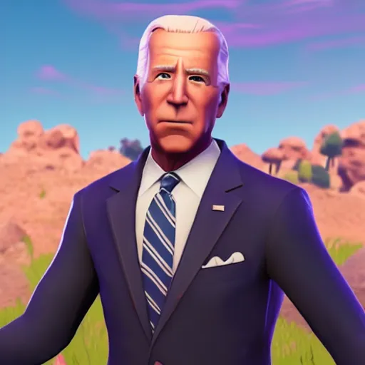 Image similar to screenshot of Joe Biden in fortnite, high quality, 3d render, octane render, highly detailed, pose