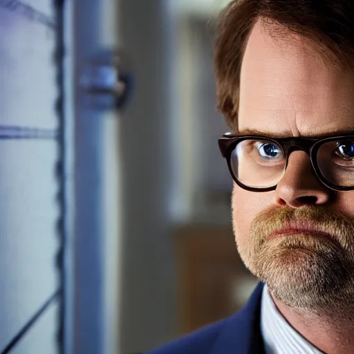 Prompt: rainn wilson as michael scott, splash art, movie still, cinematic lighting, ray tracing, detailed face, octane render, long lens, shallow depth of field, bokeh, anamorphic lens flare, 8 k, hyper detailed, 3 5 mm film grain