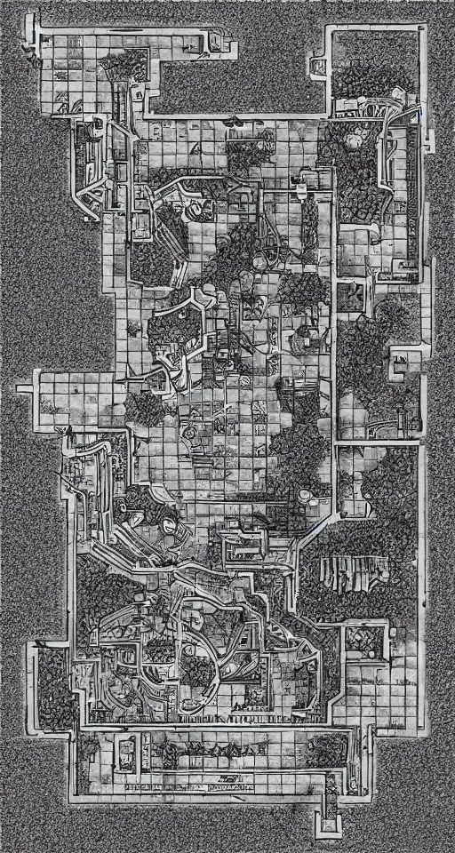 Image similar to a black and white dungeon map. d & d battlemap. small dungeon. a few large rooms. clean design. high definition etching with complex details.