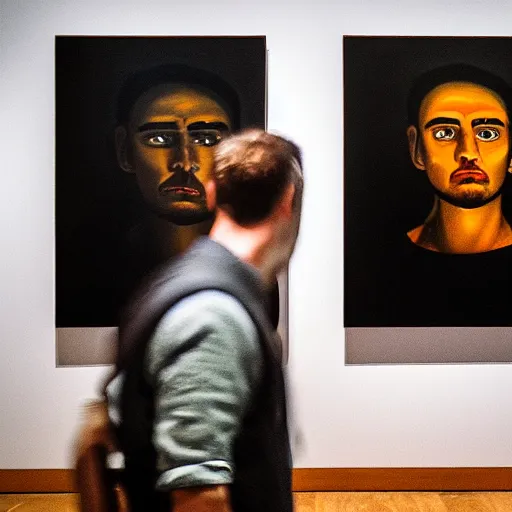 Image similar to A man staring at a painting of himself staring back. Modern art gallery. Wide angle. Photorealistic. Dramatic lighting. Award winning photography. 35mm photograph.