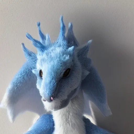 Prompt: white furry dragon with a blue neck mane, 2 grey horns from a 3/4ths angle