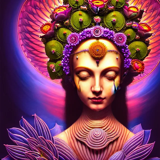 Image similar to Beautiful 3d render of the flower queen goddess on a giant lotus, centered, symmetry, with the third eye on her forehead, painted, intricate, volumetric lighting, beautiful, rich deep colours masterpiece, sharp focus, ultra detailed, in the style of Dan Mumford and marc simonetti, with a clear crowded futuristic cyberpunk dubai city in the background, astrophotgraphy