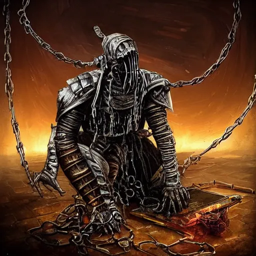 Image similar to “a photo of a kneeling evil disgusting mummy knight mutant in full armor wrapped in cables and chains in front of a laptop computer. The knight is in the center of a dark filthy dirty room filled with server racks and server cables hanging everywhere. The ground of the room is littered and covered with garbage and trash everywhere. It is dark and there are no lights. Cursed image. David Cronenberg style. David lunch style. Troma style. 35mm film.”