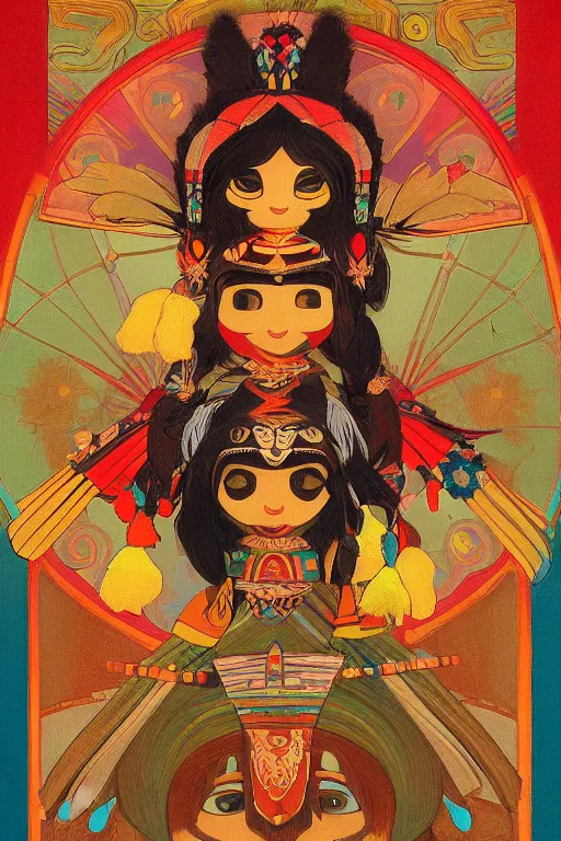 Prompt: A beautiful painting of Hopi kachina dolls, symmetrical features, cinematic lighting, soft bokeh, fantasy, modern, colourful, highly detailed, digital painting, artstation, deviantart, concept art, sharp focus, illustration, by alphonse mucha