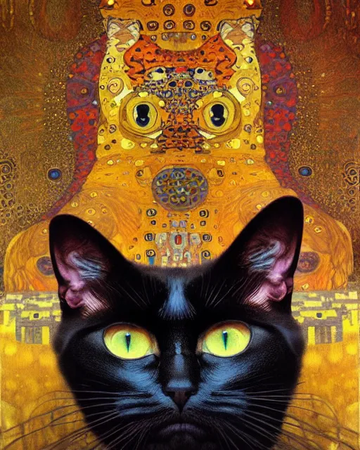 Prompt: demonic cat portrait an oil painting splashes with many colors and shapes by gustav klimt greg rutkowski and alphonse mucha, polycount, generative art, psychedelic, fractalism, glitch art