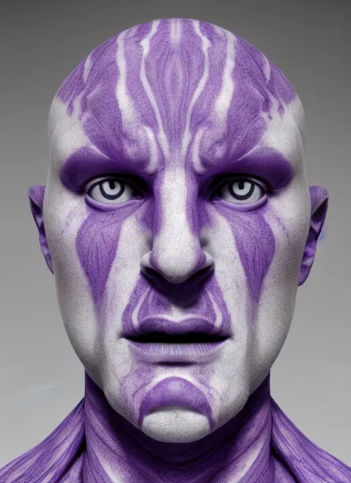 Image similar to a statue made of white marble with purple veins, of waluigi, transhumanism, full body shot, perfect symmetrical body, perfect symmetrical face, hyper realistic, hyper detailed, by johannen voss, by peter kemp, by monia merlo, by michelangelo, by ernst haeckel, by alex grey, octane render, blender, 8 k