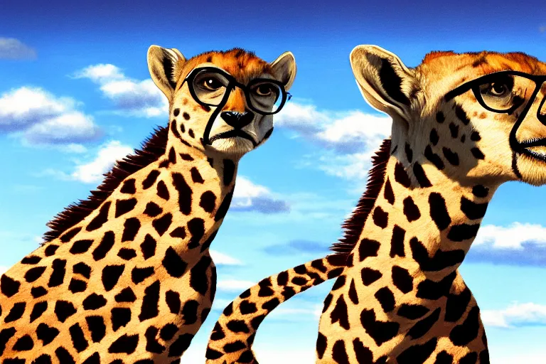 Prompt: a picture of a cheetah with a head of a giraffe, he has wings and glasses, 8k, very detailed, digital art