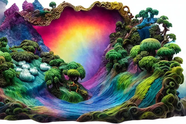 Prompt: a huge ultra detailed flock of many smooth puffy sculptural whirling elegant clouds with turning gemstone crystal sculptures, art nouveau jungle environment, soothing, crepuscular rays, rainbows, award winning art, epic dreamlike fantasy landscape, ultra realistic,