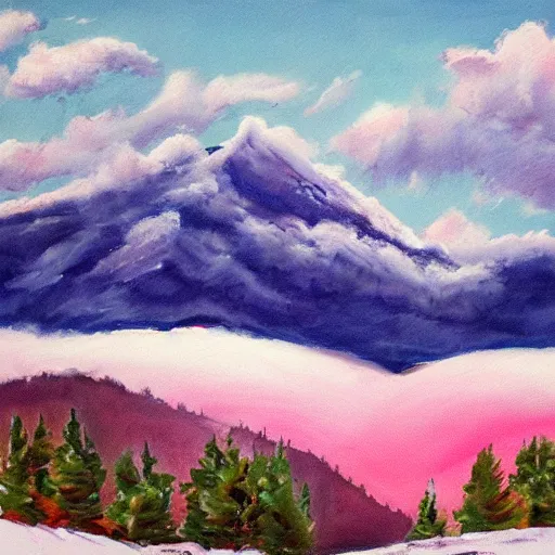 Prompt: snowy mountain with pink foggy clouds painted by Eric Sloane
