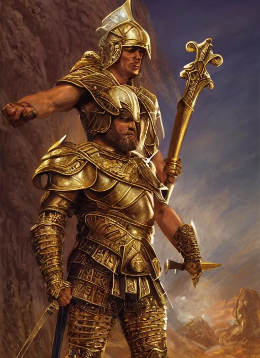 Prompt: strong gladiator holding legendary sword, fantasy, man, gilded shiny armour, intricate, highly detailed, digital painting, artstation, concept art, wallpaper, smooth, sharp focus, illustration, illumination, raytracting, art by larry elmore, jeff easley, clyde waldwell, keith parkinson, daniel r horne