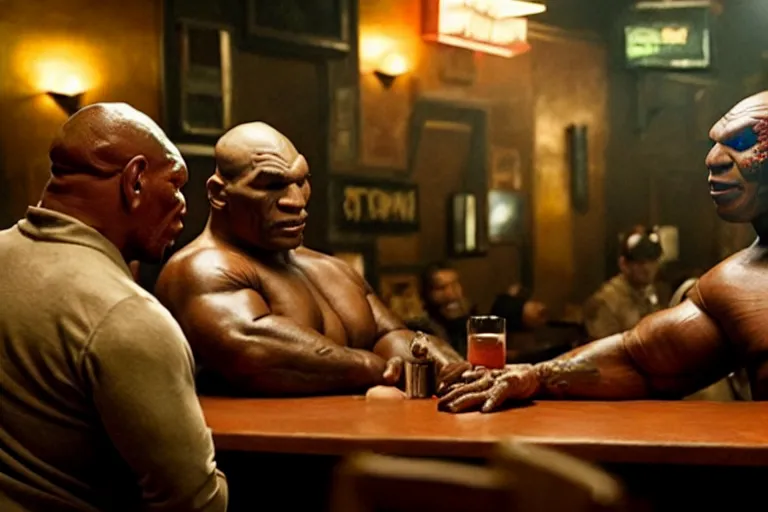 Prompt: a giant toad and mike tyson sitting in a bar, movie directed by martin scorsese and christopher nolan, masterpiece, 8 h