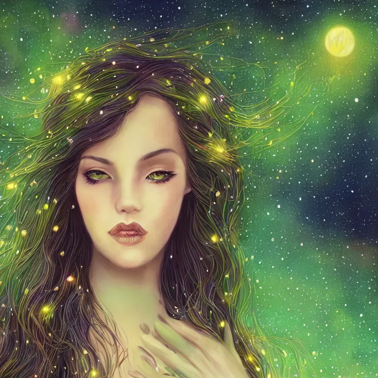 Prompt: beautiful portrait of a woman with beautiful kind eyes and fireflies and stars in her hair, blooming green slopes and lianas in the background, highly detailed, fantasy art