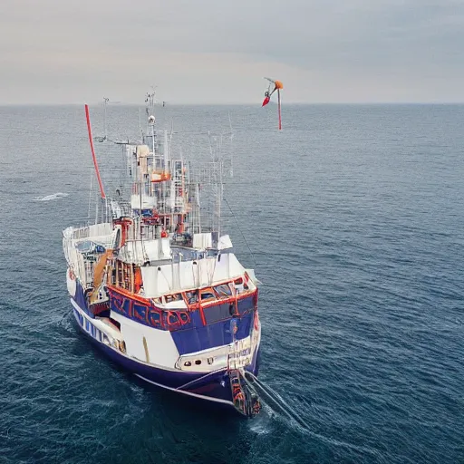 Image similar to realistic aerial drone shot of British fishing trawler