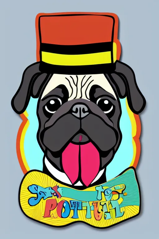 Image similar to A portrait of a pug with a top hat, sticker, colorful, illustration, highly detailed, smooth and clean vector curves, no jagged lines, vector art, smooth