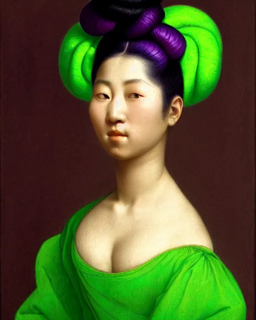 Image similar to photo-realistic portrait of an asian woman with purple hair buns, wearing a neon green dress by Vivienne Westwood, intricate details, masterpiece, in the style of Jean Auguste Dominique Ingres, black background